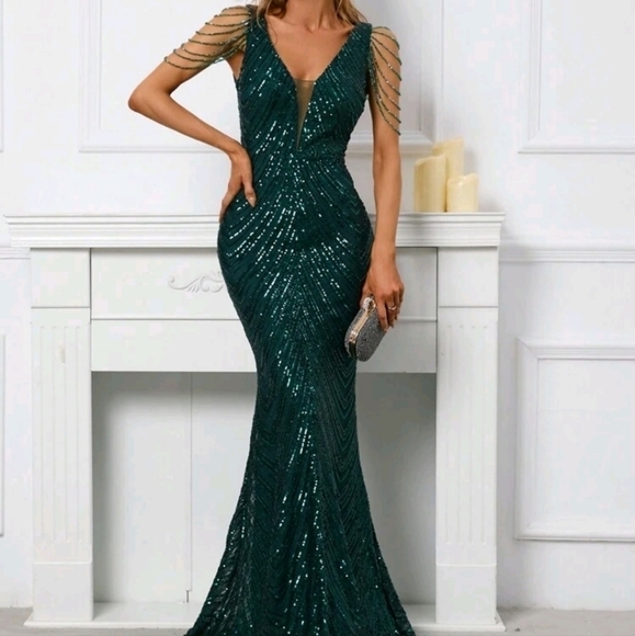 Dark Green, Sleeveless  Deep V Neck,  Rhinestone Draped,  Contras Sequin… - Picture 4 of 16